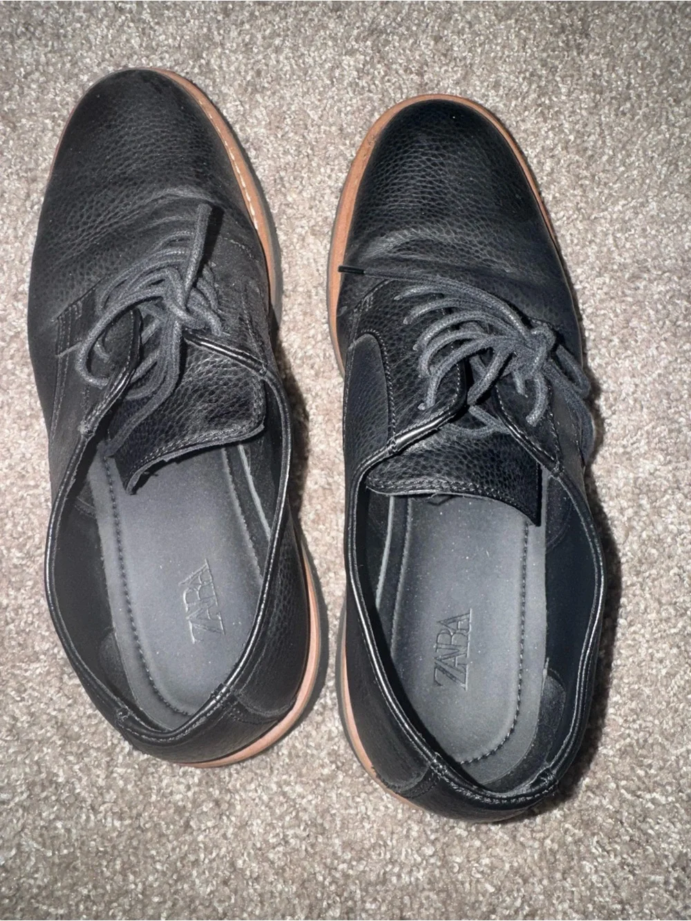 Zara Black Leather Derby Shoes with Tan Trim